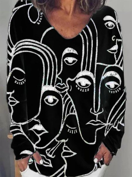 

Casual Face V Neck Long Sleeve T-shirt, Black, T-shirts