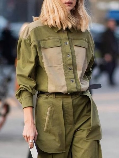 

Loose Raglan Sleeves Pocket Stitching Elegant Shirt, Green, Blouses and Shirts