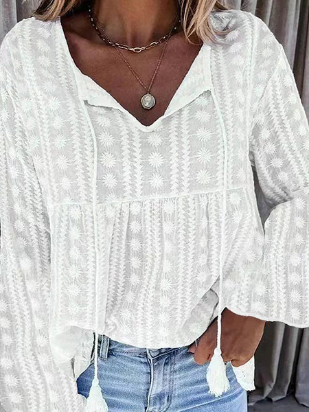 

V Neck Long Sleeve Plain Regular Loose Blouse For Women, White, Blouses