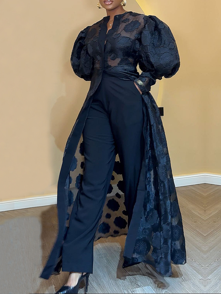 Elegant Puff Sleeve Crew Neck Dressy Floral Long Shirt, Black, Blouses and Shirts