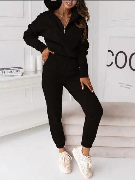 Women's Zipper Knitted Plain Daily Going Out Two Piece Set Long Sleeve Casual Spring/Fall Top With Pants Matching Set, Black, Suit Set
