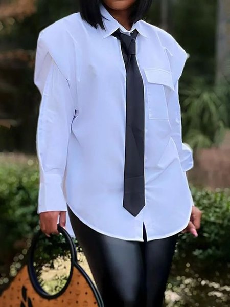 

Regular Sleeve Urban Shirt Collar Shirt Include Tie, White, Blouses and Shirts