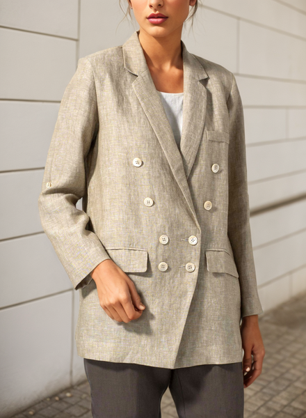 

Women's Jacket Linen Double-Breasted Roll Sleeve Jacket, Khaki, Outerwear