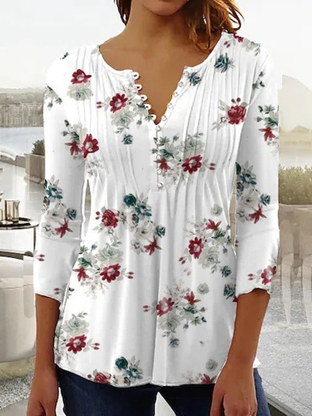 

Women's Three Quarter Sleeve Tee T-shirt Spring/Fall Floral Jersey Crew Neck Daily Going Out Casual Top, White, T-Shirts