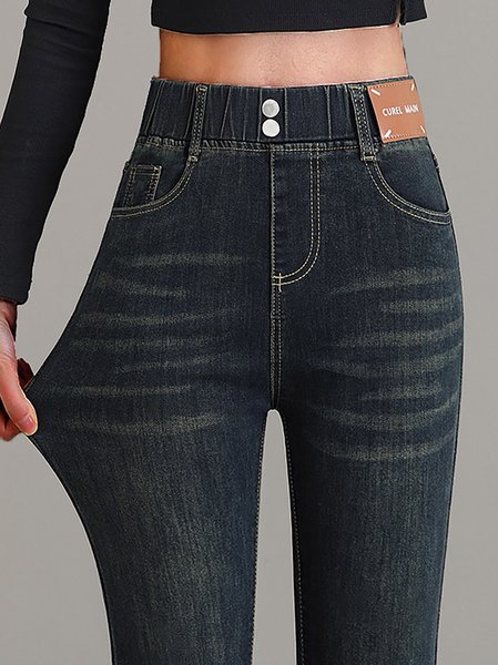 Plain Distressing Casual Denim Jeans, Deep blue, Jeans