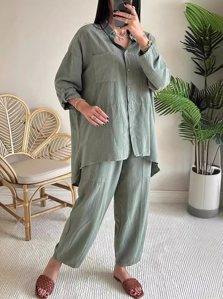 

Women Geometric Shirt Collar Long Sleeve Comfy Casual Top With Pants Two-Piece Set, Army green, Sets