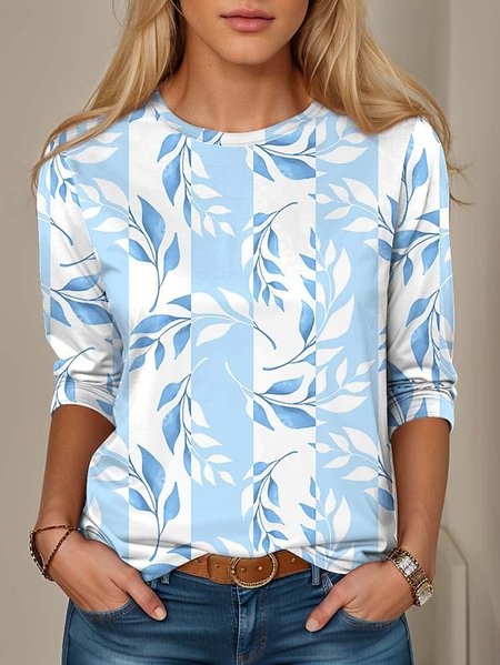 

Casual Striped Crew Neck Long Sleeve T-shirt, Blue, T-shirts