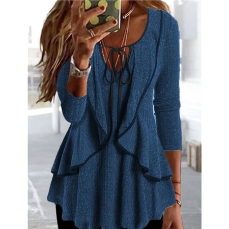 

Long Sleeve Plain Regular Loose Blouse For Women, Blue, Blouses