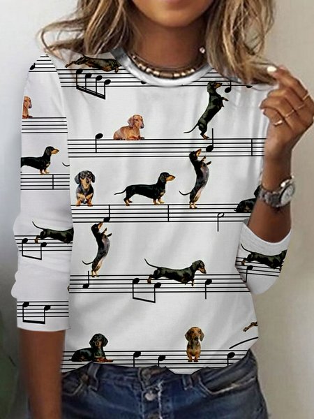 Music Dog Print Casual T-Shirt, White, Long sleeves