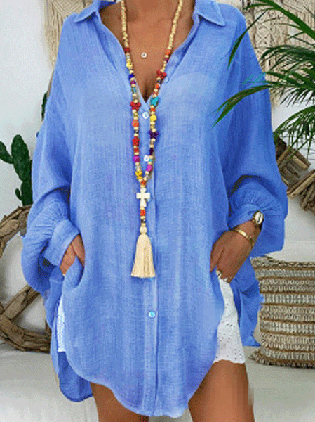 

Shirt Collar Long Sleeve Plain Regular Loose Shirt For Women, Blue, Shirts
