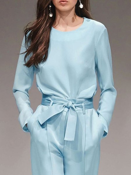 

Regular Fit Crew Neck Plain Urban Regular Sleeve Blouse, Blue, Blouses and Shirts