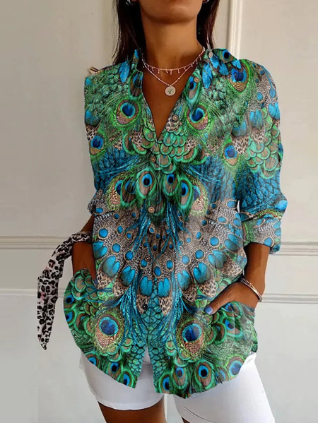 

Long Sleeve Abstract Regular Loose Shirt For Women, Blue, Shirts