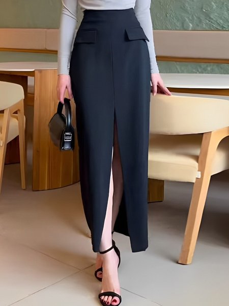 

Plain Pockets High Waist Urban Slit Skirt, Black, Skirts