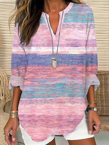 

V Neck Long Sleeve Ombre Regular Loose Blouse For Women, Pink, Blouses