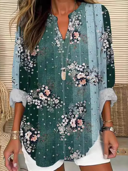

Notched Long Sleeve Floral Regular Loose Blouse For Women, Green, Blouses