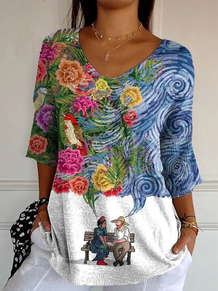 

Casual Floral V Neck Three Quarter Sleeve T-shirt, Multicolor, T-shirts