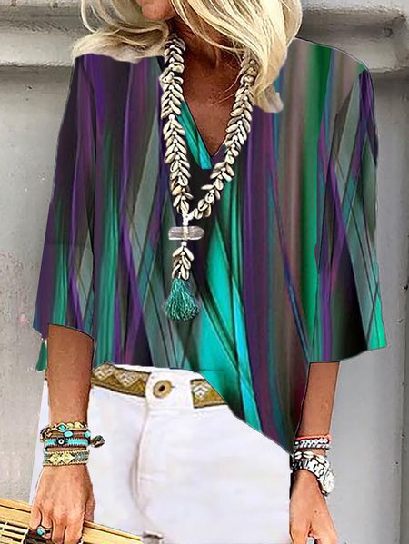 

Casual Abstract V Neck Three Quarter Sleeve T-shirt, Blue, Blouses