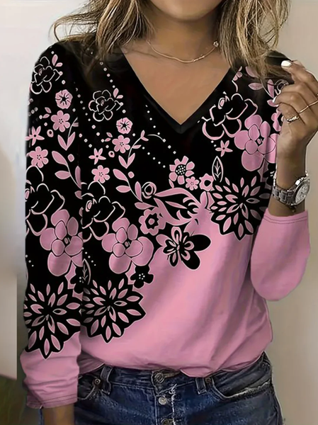 

Casual Floral V Neck Long Sleeve T-shirt, Pink, T-shirts
