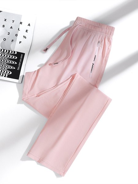 

Casual Plain Zipper Loose Pants, Light pink, Pants