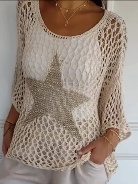 

Women Yarn/Wool Yarn Star Three Quarter Sleeve Comfy Casual Sweater, Apricot, Sweaters