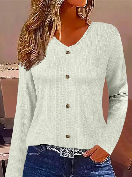 

V Neck Long Sleeve Plain Regular Loose Blouse For Women, White, Blouses