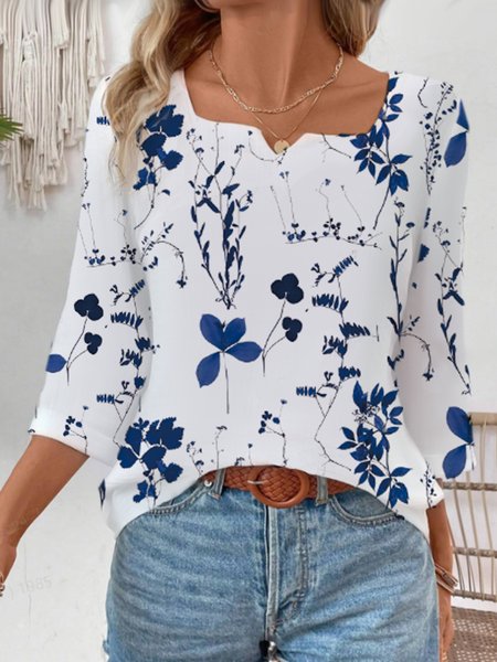 

Casual Floral Notched Three Quarter Sleeve T-shirt, Blue, Blouses