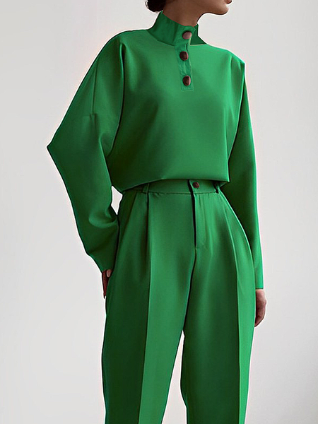 

Loose Urban Regular Sleeve Mock Neck Long Sleeve Plain Blouse, Green, Blouses and Shirts