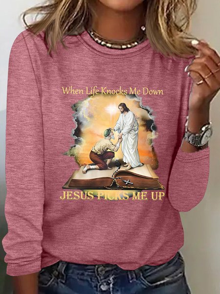 

When Life Knows Me Down Jesus Picks Me Up Casual Long Sleeve Shirt, Watermelon, Long sleeves