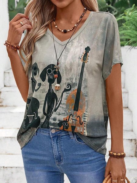 

Women's Short Sleeve Tee T-shirt Summer Cat Printing Jersey V Neck Daily Going Out Casual Top Gray, T-Shirts