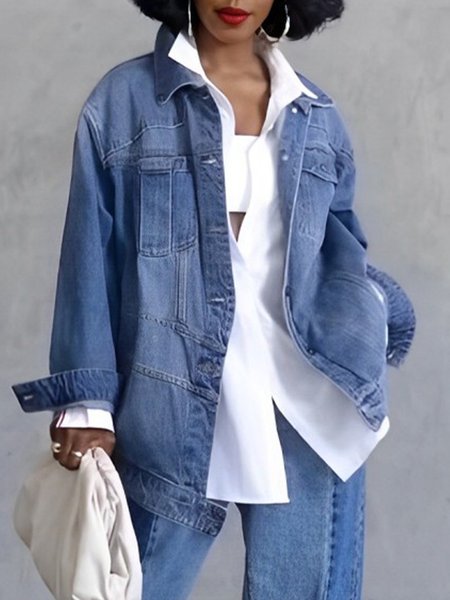 

Long Sleeve Loose Casual Plain Regular Sleeve Denim Jacket, Blue, Jackets