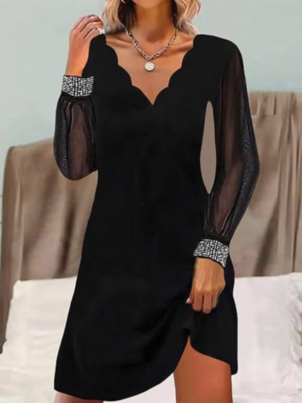 

Women's Long Sleeve Spring/Fall Plain Jersey Dress V Neck Daily Going Out Casual Midi H-Line, Black, Dresses