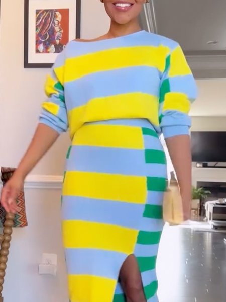 

Daily Striped Color Block Long Sleeve Elegant Sweater, As picture, Pullovers