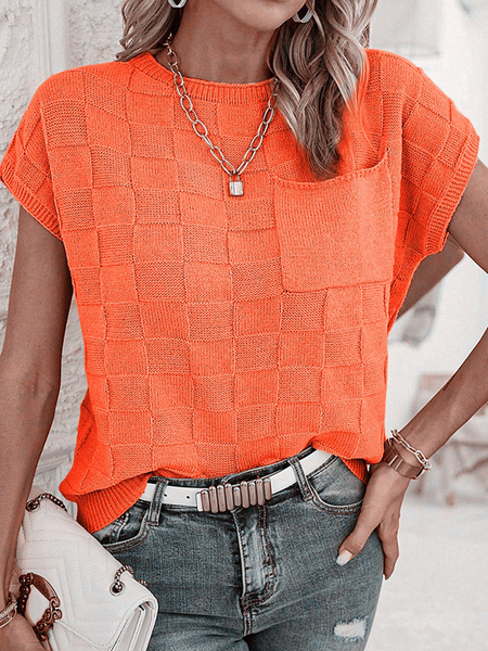

Women Yarn/Wool Yarn Plain Short Sleeve Comfy Casual Sweater, Orange, Sweaters