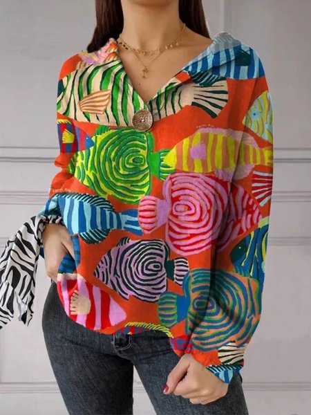 

Hoodie Long Sleeve Floral Regular Loose Blouse For Women, Red, Blouses