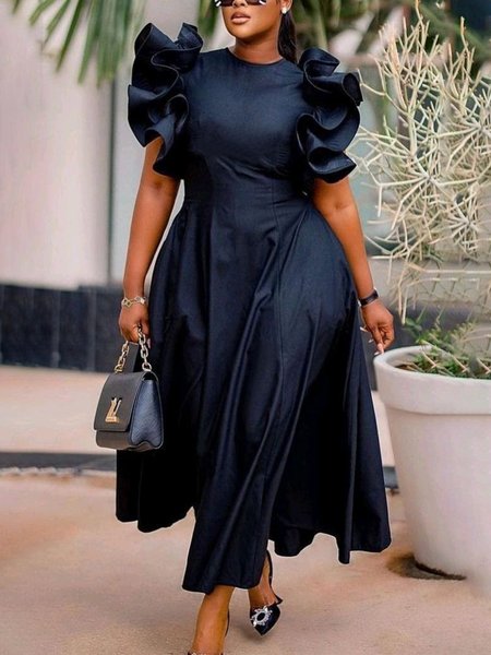 Elegant Plain Crew Neck Regular Fit Midi Dress, As picture, Midi Dresses