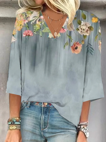 

V Neck Three Quarter Sleeve Floral Lace Regular Loose Blouse For Women, Blue, Blouses