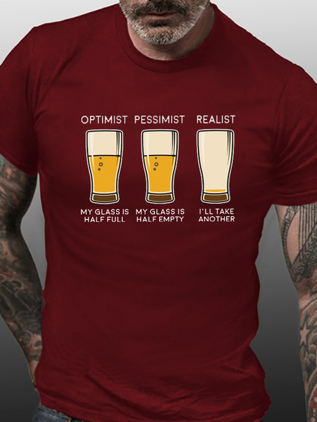 

Optimist&Pessimist&Realist Funny Beer Print Short sleeve T-shirt, Red, T-shirts