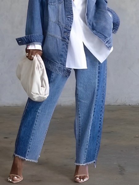 Color Block Casual Denim Regular Fit Jeans, Blue, Jeans