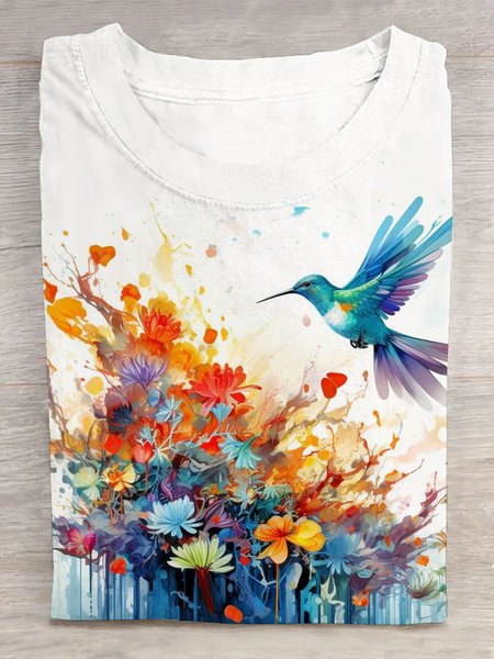 

Casual Floral Crew Neck Short Sleeve T-shirt, White, T-shirts