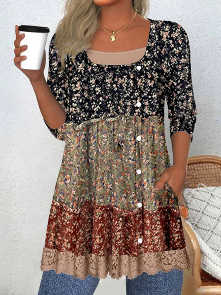 

Crew Neck Long Sleeve Floral Regular Loose Blouse For Women, Multicolor, Blouses