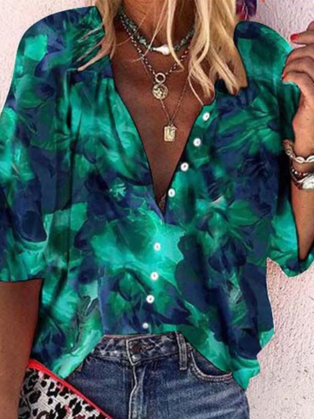 Short Sleeve Abstract Regular Loose Shirt For Women, Green, Shirts