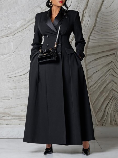 

Urban Buttoned Plain Lapel Collar Pockets Maxi Dress, Black, Maxi Dresses