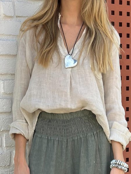 

V Neck Long Sleeve Plain Regular Loose Blouse For Women, Apricot, Blouses