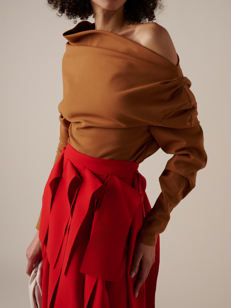 Regular Fit Plain Shirred Off Shoulder Sleeve Urban Blouse, Brown, Blouses and Shirts