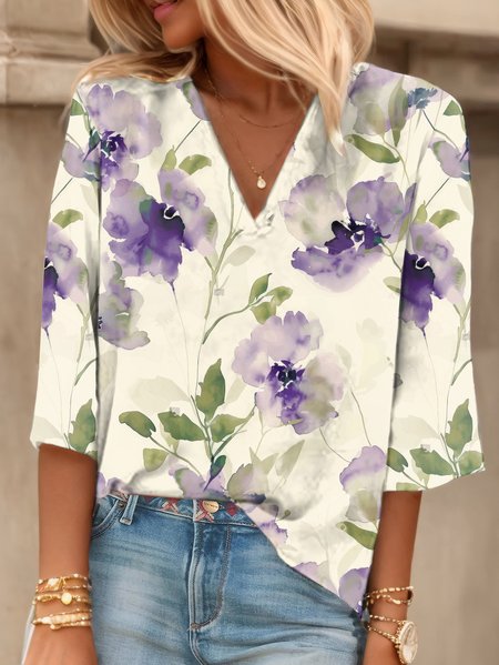 

Women's Three Quarter Sleeve Tee T-shirt Spring/Fall Floral V Neck Daily Going Out Casual Top Apricot, T-Shirts