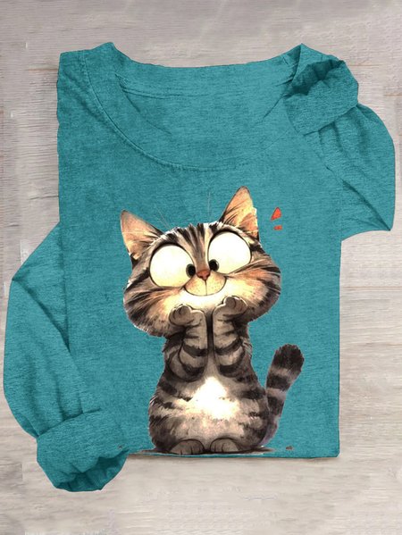 

Cotton-Blend Casual Cat T-Shirt, Green, Long sleeves
