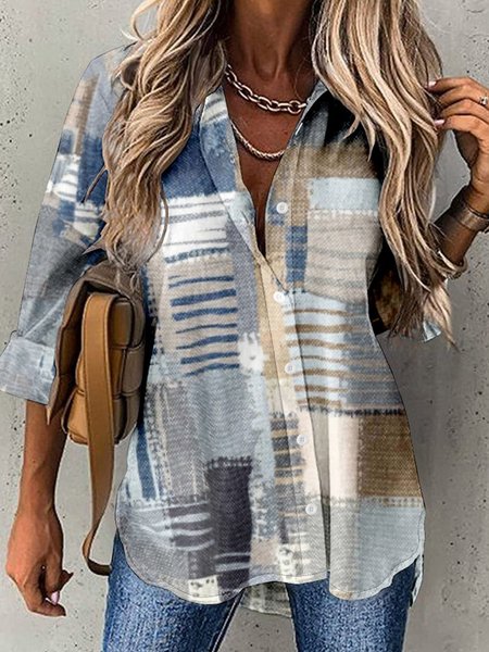 

Shirt Collar Long Sleeve Plaid Regular Loose TUNIC Shirt For Women, Khaki, Shirts