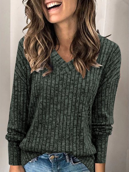 

Women Plain V Neck Casual Long Sleeve T-shirt, Darkgreen, Long Sleeves