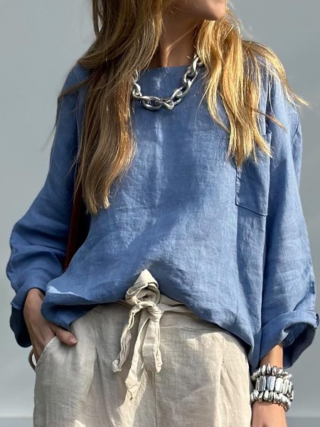 

Crew Neck Long Sleeve Plain Regular Loose Blouse For Women, Blue, Blouses