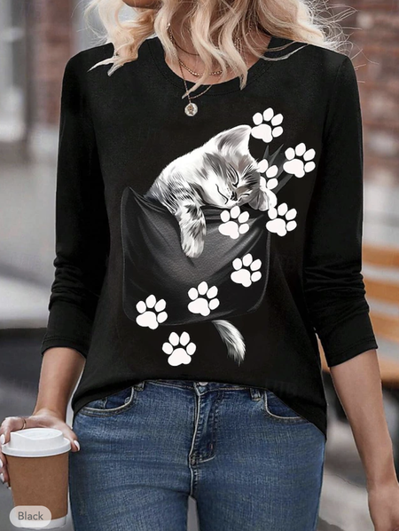 

Casual Cat Crew Neck Long Sleeve T-shirt, Black, T-shirts